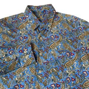 Alan Flusser Paisley Floral Shirt Men L Blue Gold Button Up Long Sleeve Cottage